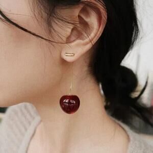 NEW Long Cherry Drop Earrings – Cute Red Fruit Dangle Statement Jewelry
